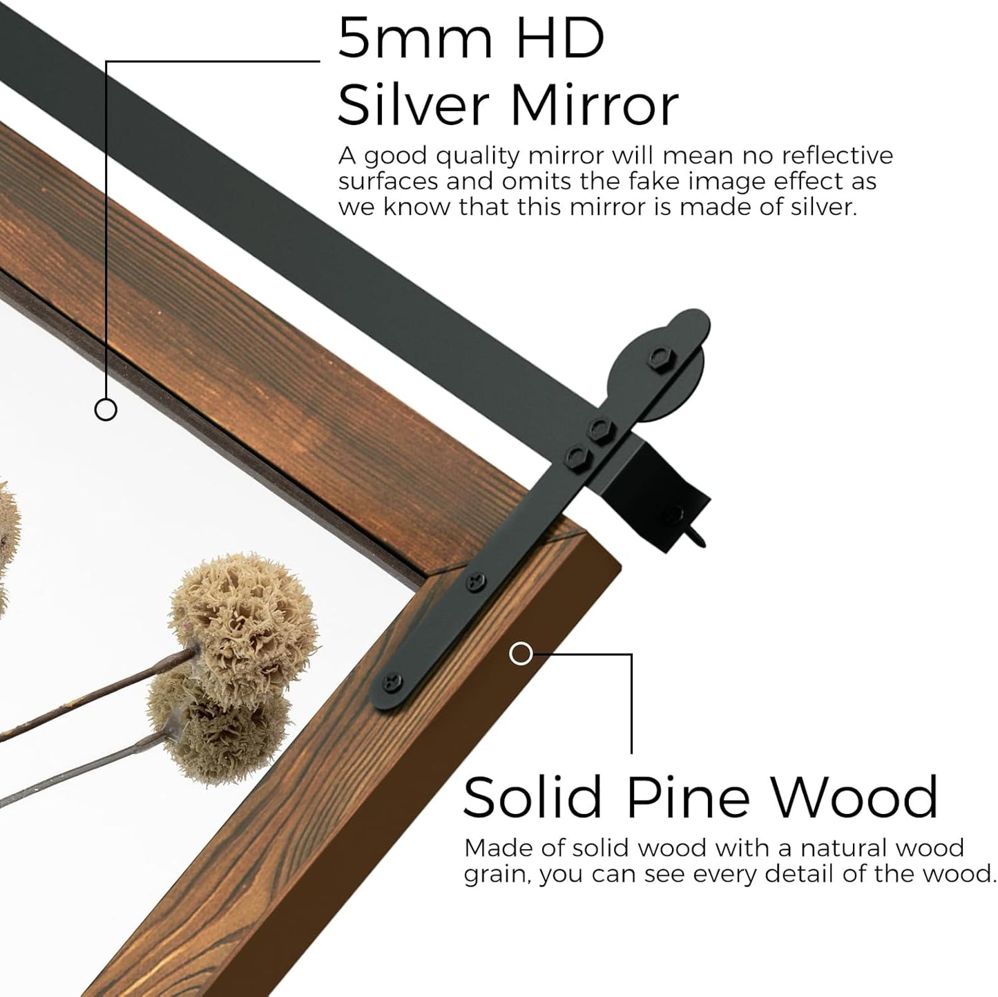 YOSHOOT Farmhouse Barn Door Wall Mirror, 40"x26" Rustic Wood Framed - Vintage Style for Bathroom, Living Room or Entryway, Brown, Horizontal Hanging ONLY