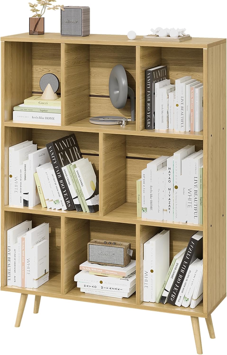 Bookshelf, 3-Tier 8 Cube Open Wooden Book Shelf with Legs, Floor Standing Office Bookcase, Wooden Bookcase for Office Furniture, Cubby Storage Organizer for Living Room/Bedroom