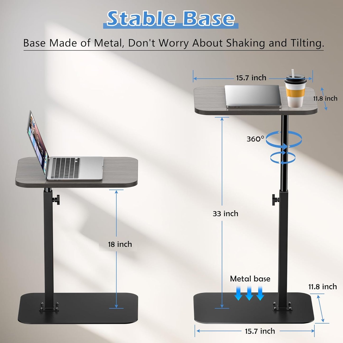 Side Table Sofa Tray for Couch Heavy Metal Base Swivel/Adjustable Height, Sofa Bed Bathroom Study TV Tray C Shaped End Table Food Snack Trays for Eating