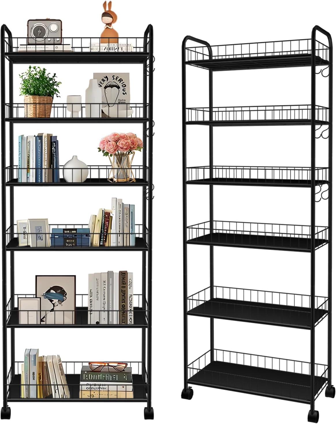 6-Tier Slim Storage Cart with Wheels,10in Wide Black Narrow Rolling Shelf,Sturdy Slim Storage Ideal for Kitchen, Bathroom, and Laundry Room