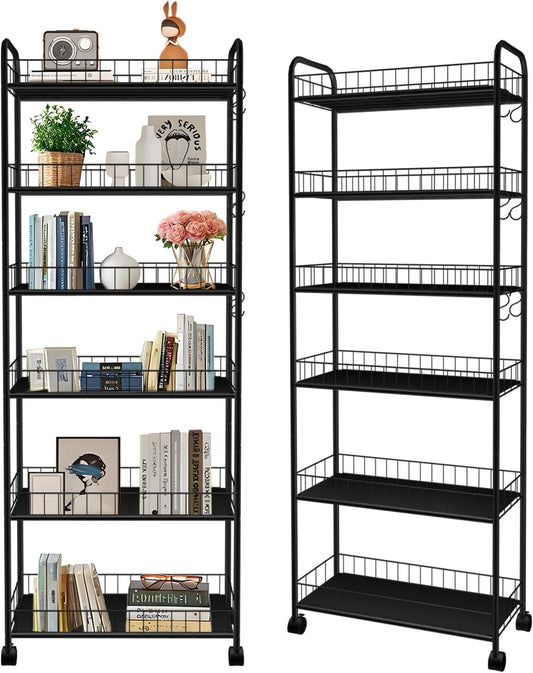 6-Tier Slim Storage Cart with Wheels,10in Wide Black Narrow Rolling Shelf,Sturdy Slim Storage Ideal for Kitchen, Bathroom, and Laundry Room