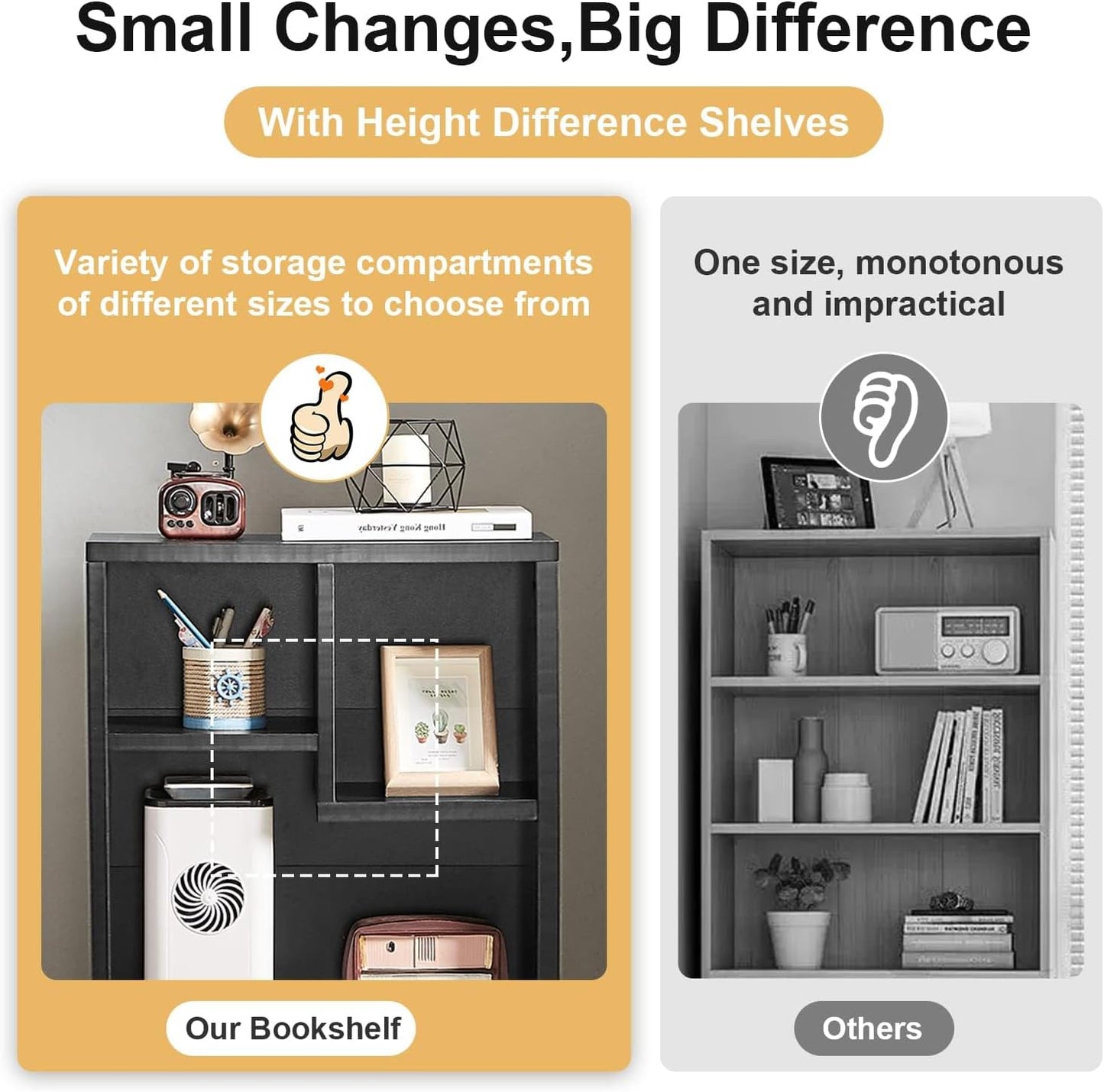 VECELO Small Bookshelf, 3 Cube Shelf, Fits Tallest Hardcovers, Horizontal Available, Short Bookcase for Small Spaces, Matte Black