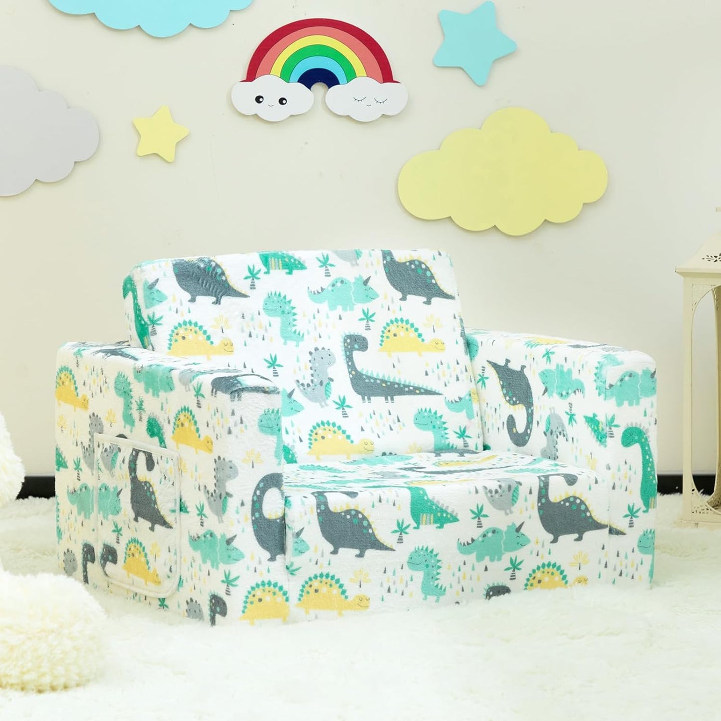 ALIMORDEN 2-in-1 Flip Out Cuddly Sherpa Toddler Couch, Convertible Sofa to Lounger, Dinosaur