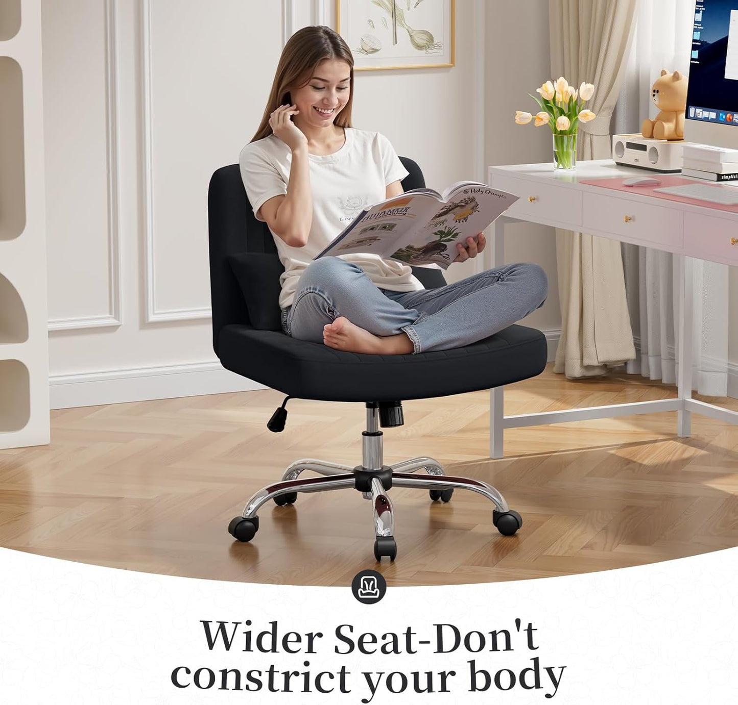 Warmiehomy Criss Cross Office Chair with Wheels, Velvet Cross-Legged Desk Chairs for Home, Height Adjustable Swivel Wide Seat Computer Chair, Morden Vanity Chair for Women, Black