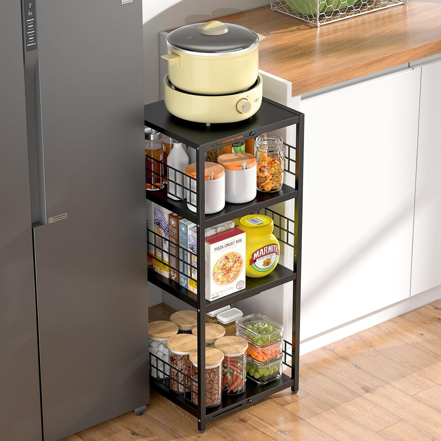 Expandable Slim Storage Shelf, 4 Tier Metal Shelving Unit for Bathroom Storage Organizer, Freestanding Narrow Shelf for Small Spaces, Open Floor Shelves for Bathroom, Laundry Room, Kitchen