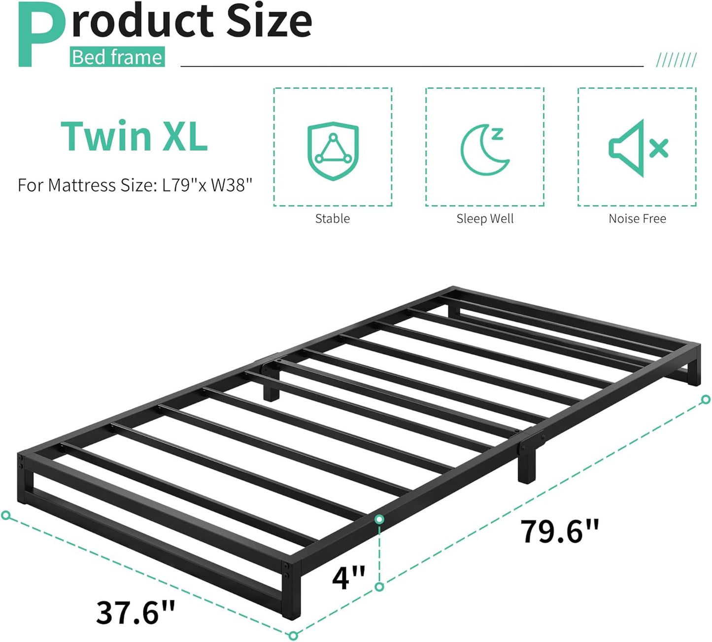 4 Inch Twin XL Bed Frames Heavy Duty Sturdy Metal Platform Bed Frame No Box Spring Needed, Noise Free, Easy Assembly, Black