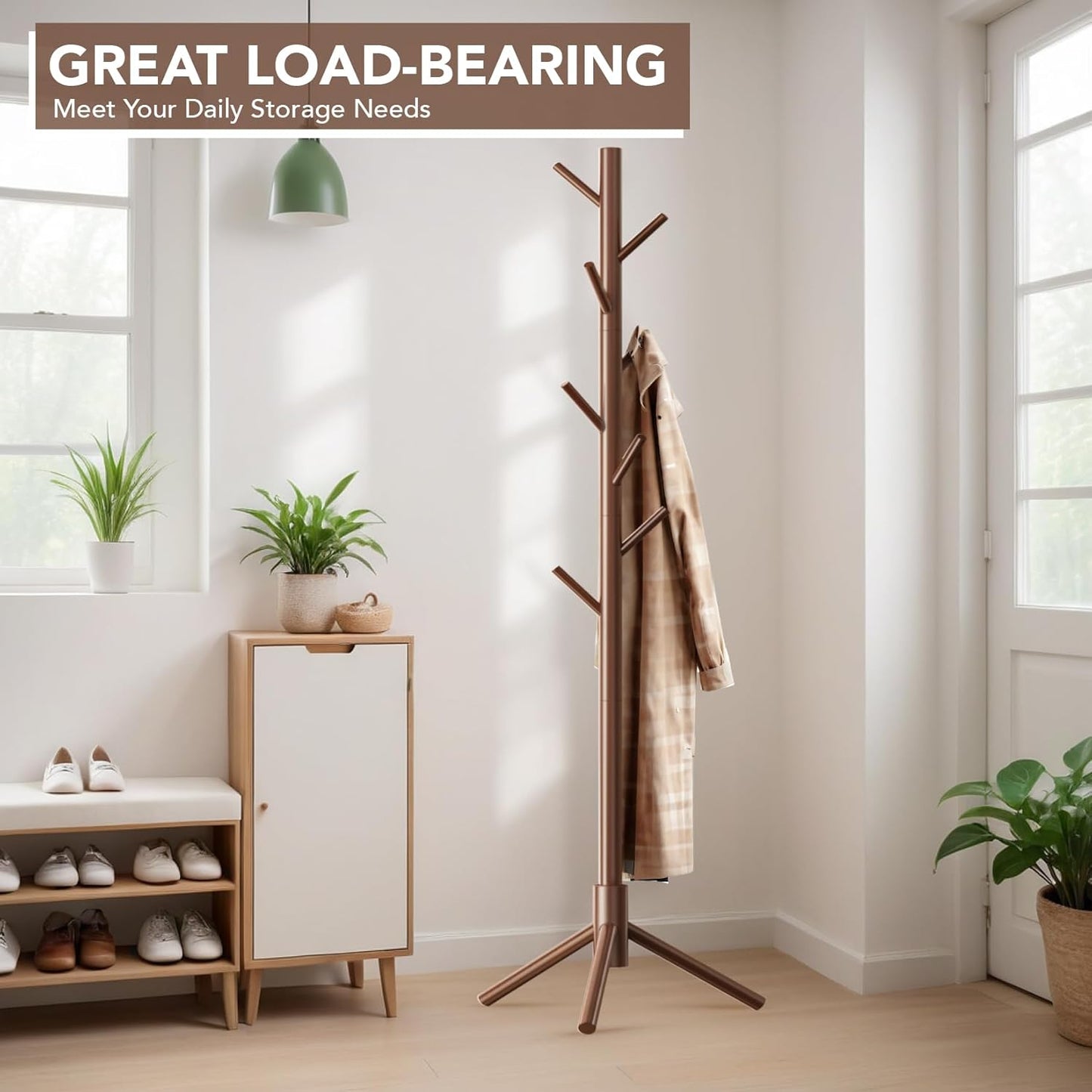 Wooden Tree Coat Rack Stand,Sturdy Freestanding Coat Rack with 8 Hooks,3 Adjustable Height for Child Adult,Wood Coat Stand Tree Fits Entryway Bedroom Office for Bags,Hats, 2 Pack