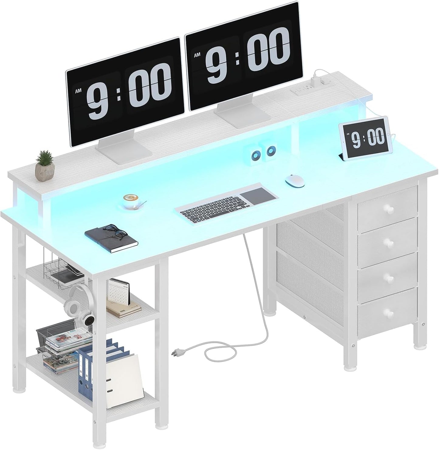 Lufeiya White Desk with Drawers Storage - 47 inch Home Office Computer Gaming Desks with Monitor Stand LED Lights and Power Outlets, White