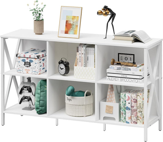 Horizontal Bookshelf Bookcase,6 Cube Storage Organizer with Open Shelf,47 Inch Industrial Low Wide Wood and Metal Cubby Shelf,Long Shelving Unit for Home Office Living Room(White,6 Cube)