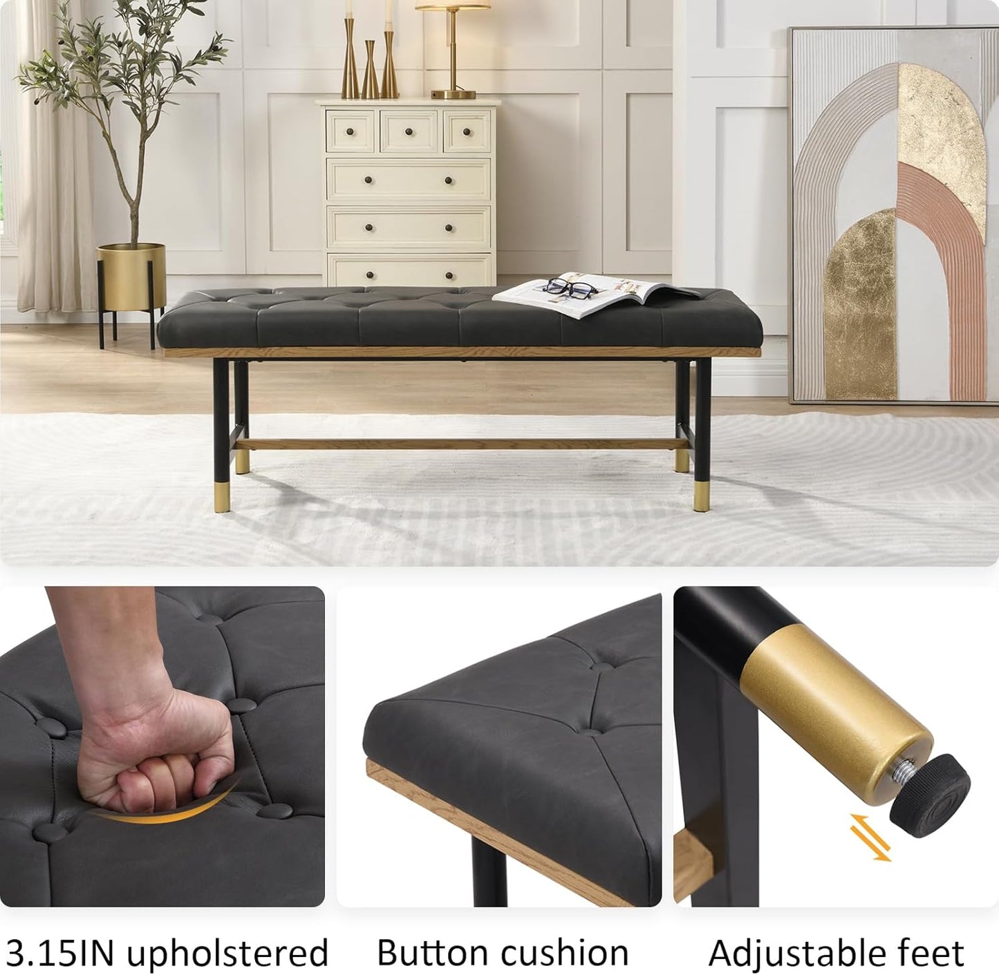 Shoe Bench Entryway, End of Bed Bench, Bench for Bedroom End of Bed, Modern Faux Leather Bench for Living Room, Entryway Bench Seat, Padded Bench with Solid Metal Shelf Gold, Grey