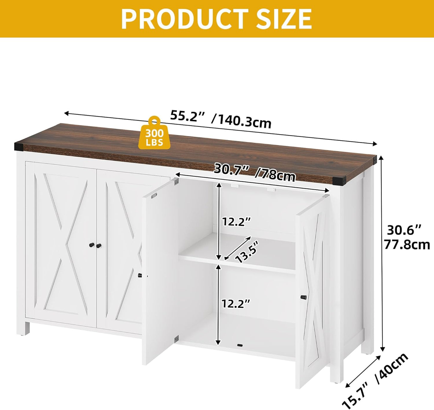 DWVO 55'' Sideboard Buffet Cabinet with Storage, Farmhouse Kitchen Storage Cabinet with 4 Doors, Coffee Bar Cabinets with Adjustable Shelves for Kitchen, Living Room, White&Brown