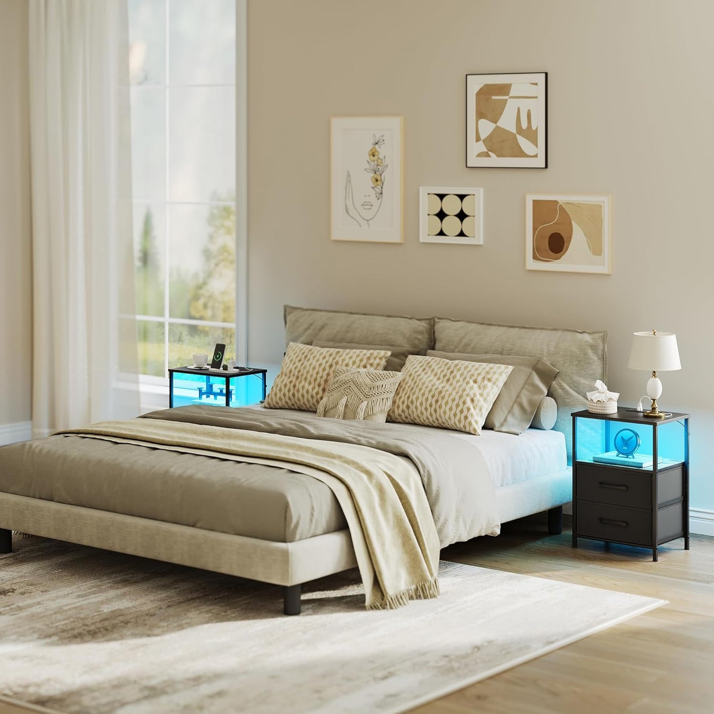 Nightstands Set of 2, Night Stand with Charging Station and Led Lights, Bedside Table with 2 Fabric Drawers for Bedroom, Small Side End Table with Open Shelf, Black