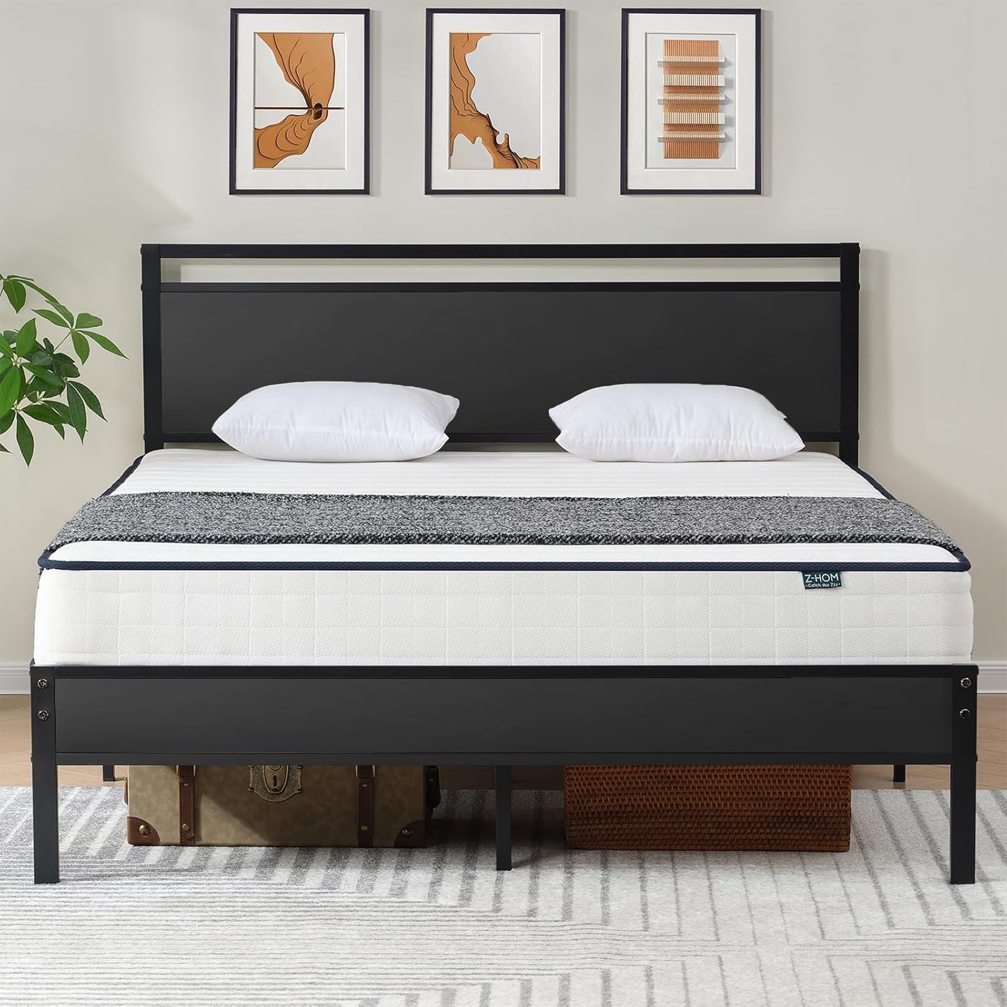 Z-hom Upgraded Full Size Bed Frame, Heavy Duty Metal Sturdy Full Bed Frame with Modern Wood Headboard & Footboard, Stable Platform Bed Furniture Bed Storage, No Noise, No Box Springs, Black
