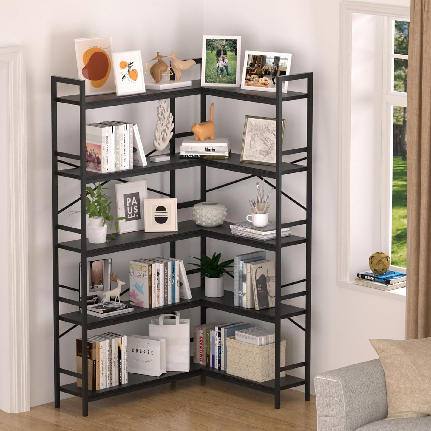 Black Corner Bookshelf,5 Tiers Corner Bookcase with Open Storage,L Shaped Shelves for Home Office,Living Room,Bedroom