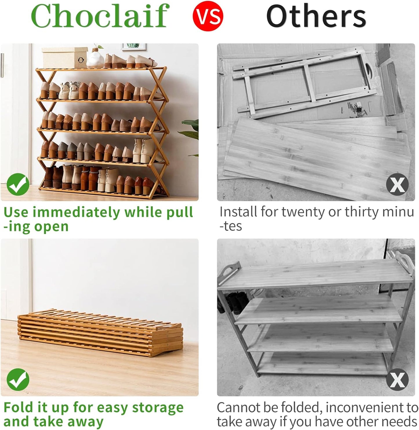 Choclaif Free Standing Shoe Racks for Closet, Shoe Shelf Bamboo Shoe Rack for Bedroom, Entryway Hallway Closet Living Room Organizer(3 Tier)