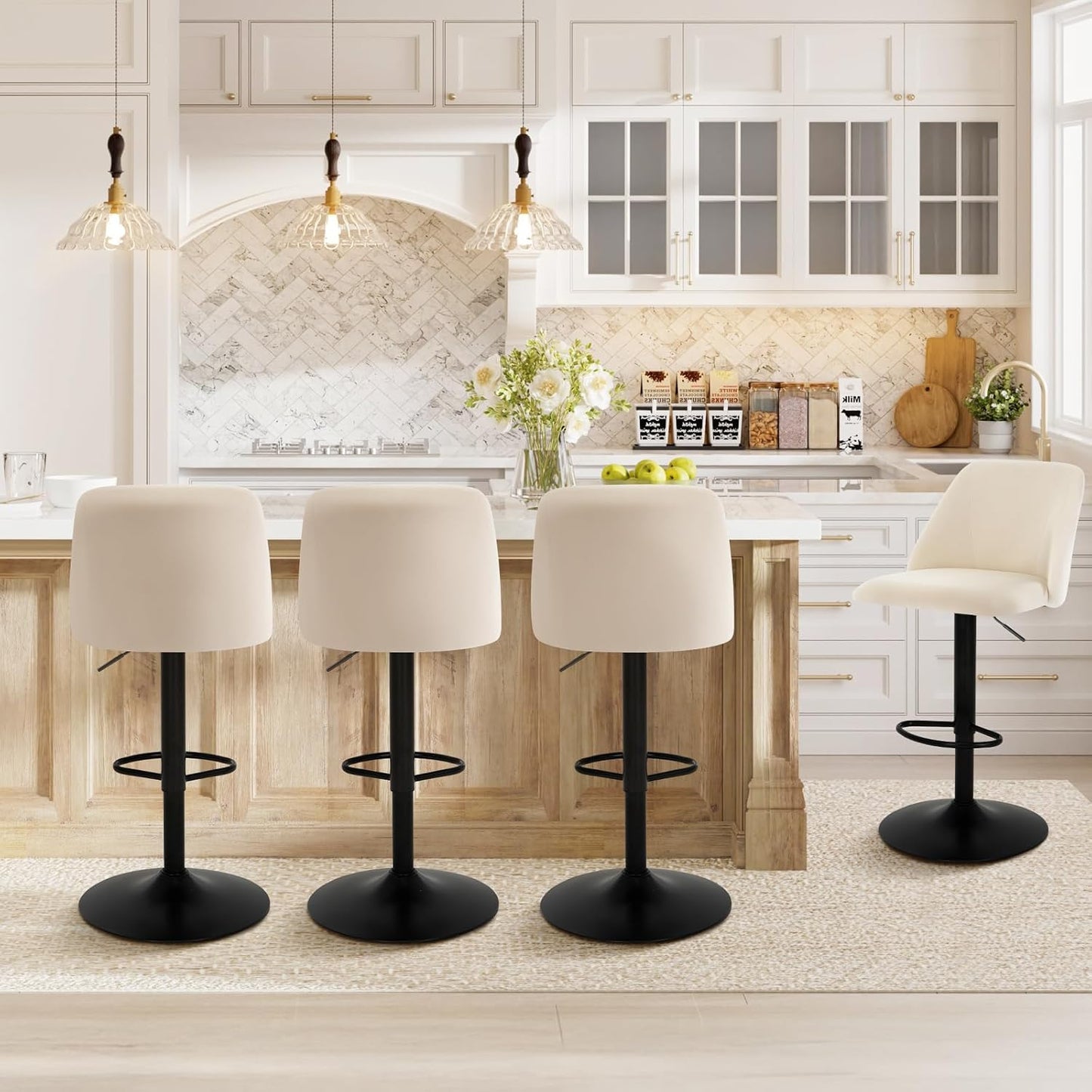 COLAMY Bar Stools Set of 6, Modern Swivel Bar Chairs, Adjustable Upholstered Barstools Counter Height with Full Backrest for Bar, Dining Room, Kitchen Island, Beige