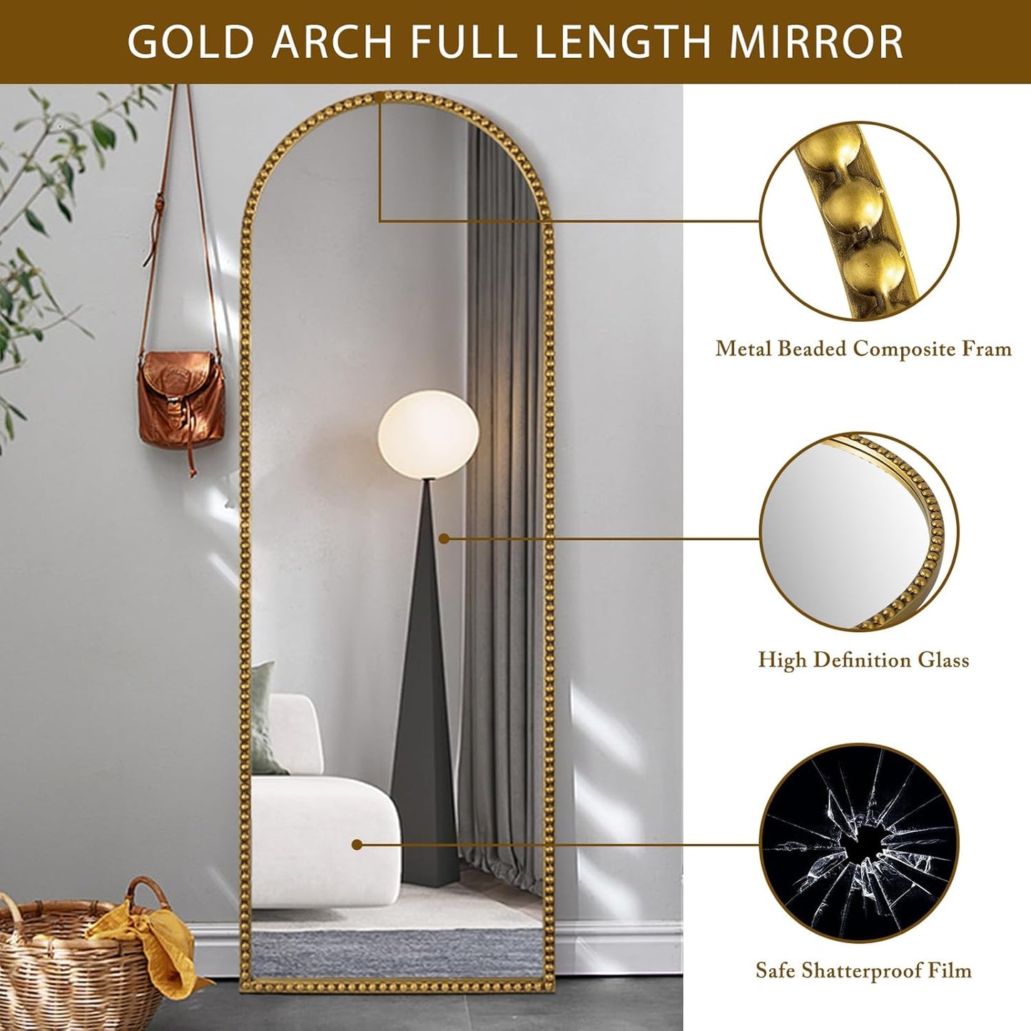 Arch Full Length Mirror with Stand, 65"x22" Floor Standing Large Dressing Mirror Hanging or Leaning Against Wall for Bedroom Living Room, Antique Gold