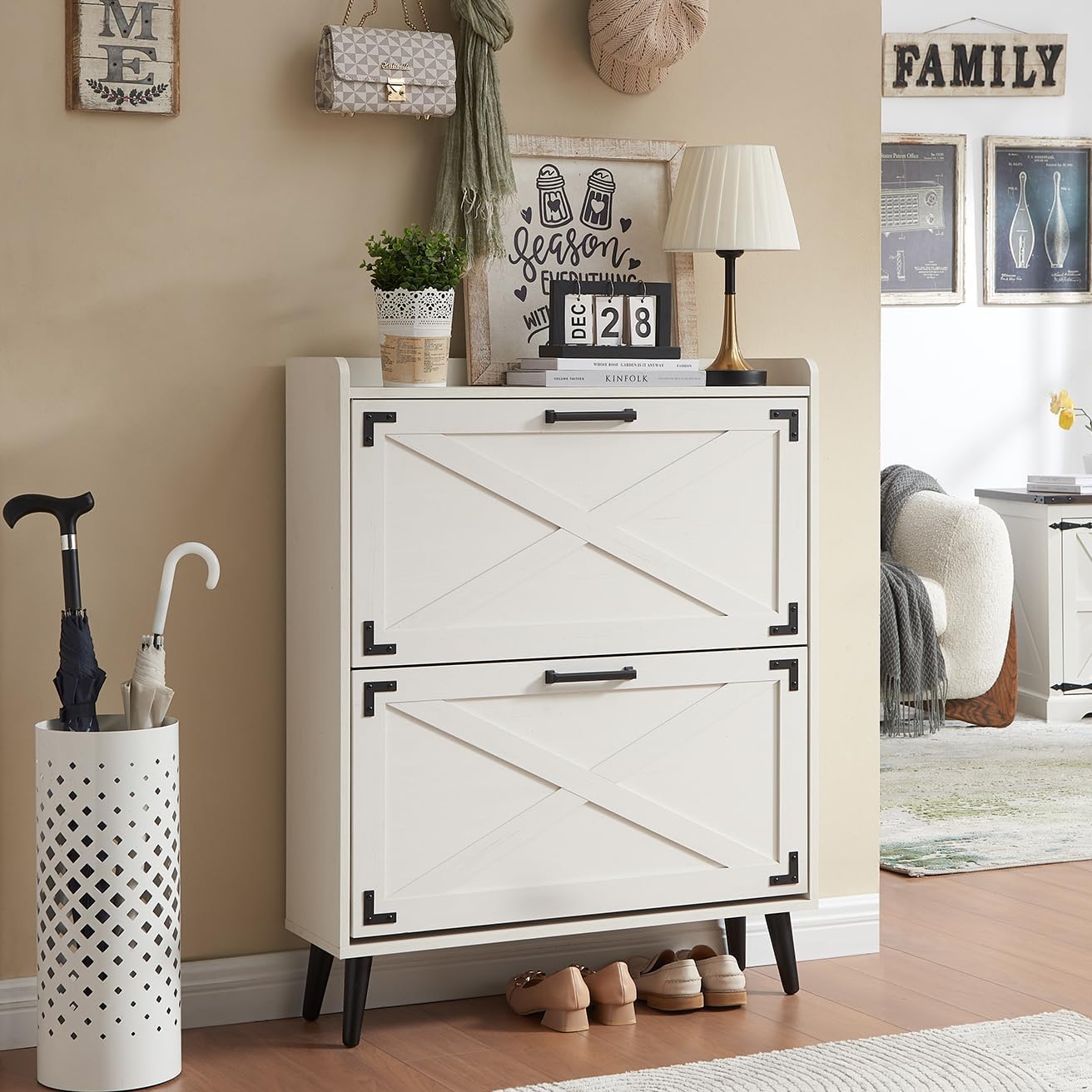 Shoe Storage Cabinet,Farmhouse Shoe Organizer with 2 Flip Drawers & Barn Door Design,Freestanding Hidden Slim Narrow Shoe Rack Cabinet for Entryway,Foyer,Hallway,Antique White