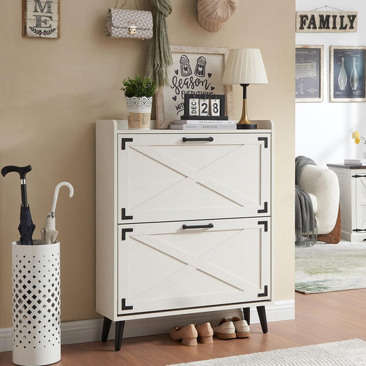 Shoe Storage Cabinet,Farmhouse Shoe Organizer with 2 Flip Drawers & Barn Door Design,Freestanding Hidden Slim Narrow Shoe Rack Cabinet for Entryway,Foyer,Hallway,Antique White