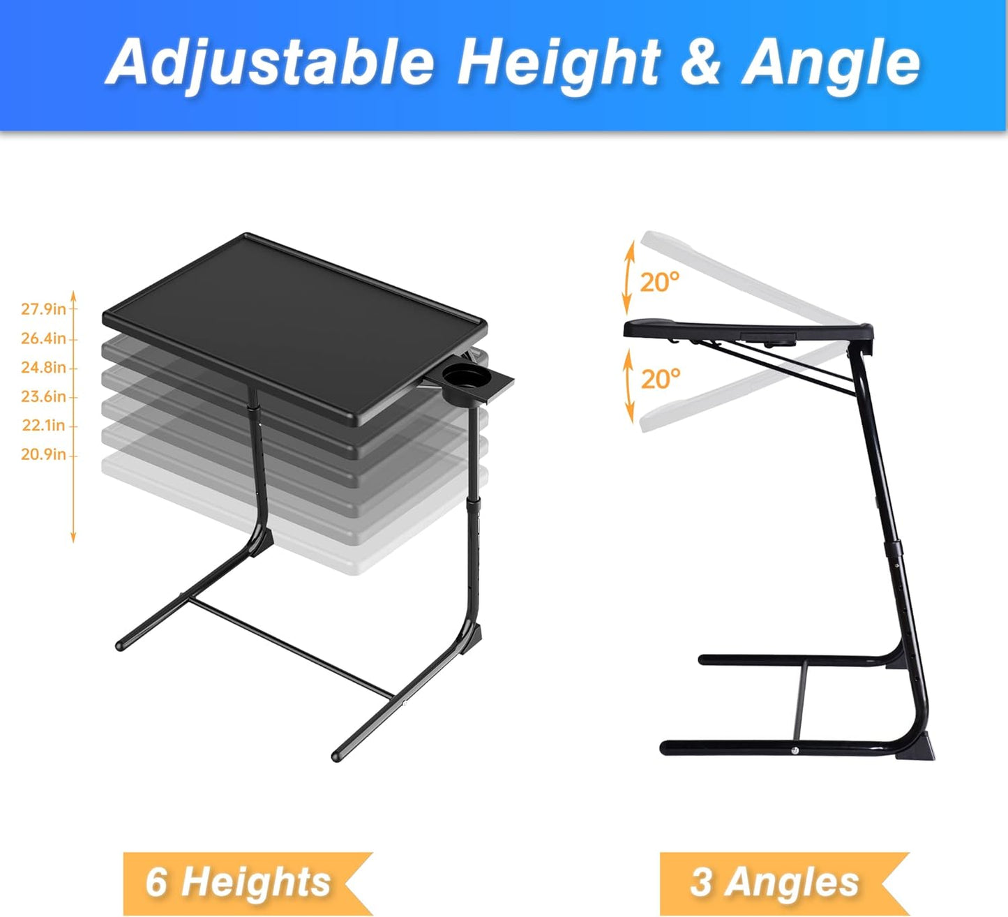 Allpop TV Tray Table, Adjustable TV Dinner Tray for Eating, Folding Laptop Table with 6 Heights & 3 Tilt Angles, Cup Holder on Couch & Bed, Black