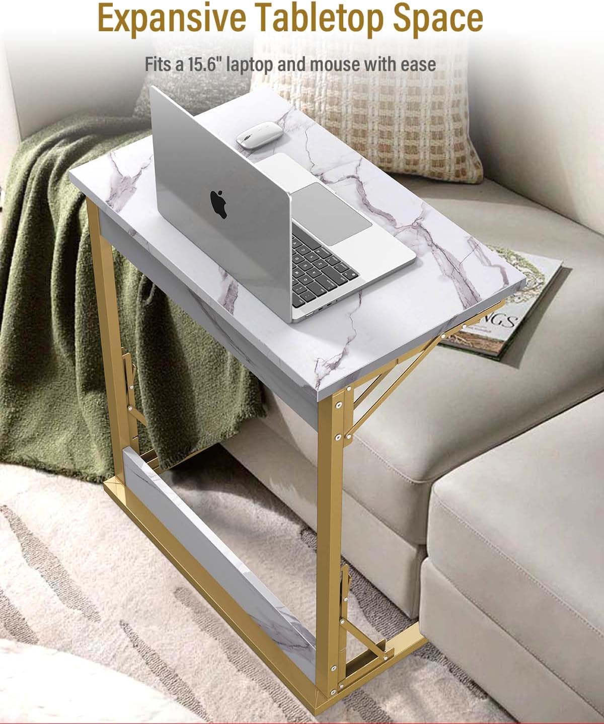 Tatub 24" Folding TV Tray Table, Marble C Shaped End Table for Couch, Small Sofa-Side Laptop Desk with Gold Metal Frame for Living Room, Bedroom, Bedside