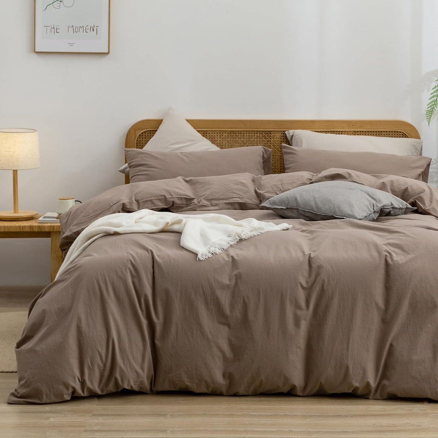 BESTOUCH Duvet Cover Set 100% Washed Cotton Linen Feel Super Soft Comfortable Chic Lightweight 3 PCs Home Bedding Set Solid Pine Bark Brown Cal King