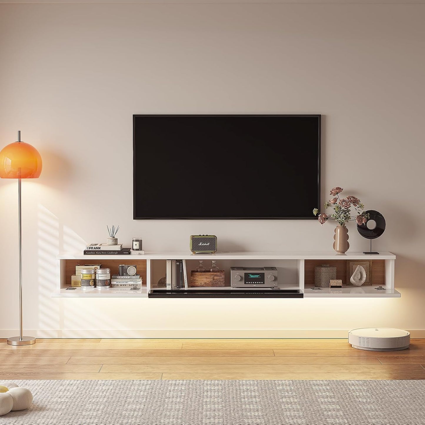 High Gloss Floating TV Stand,94'' Wall Mounted TV Console,Under TV Floating Shelf,Floating TV Cabinet with 3 Doors for Bedroom Living Room,White