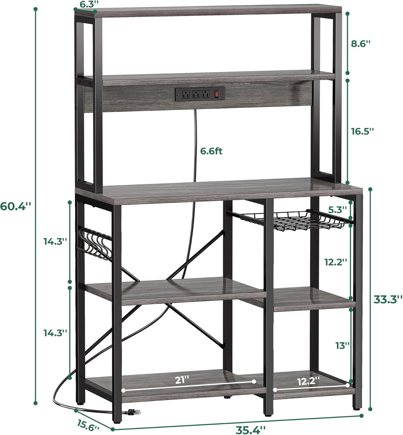 SUPERJARE Bakers Rack with Power Outlet, 35.4 Inches Coffee Bar with Wire Basket, Kitchen Microwave Stand with 6 S-Shaped Hooks, Open Storage Shelves, Charcoal Gray