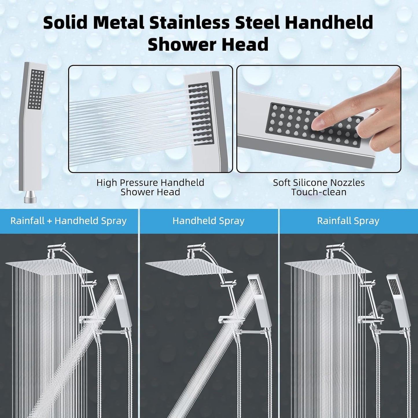 Hibbent All Metal 12'' Rainfall Shower Head, Dual Shower Head Combo, High Pressure Handheld Shower Wand, 16'' Adjustable Arc-shaped Shower Extension Arm, 71'' Hose, Showerhead Holder, Chrome