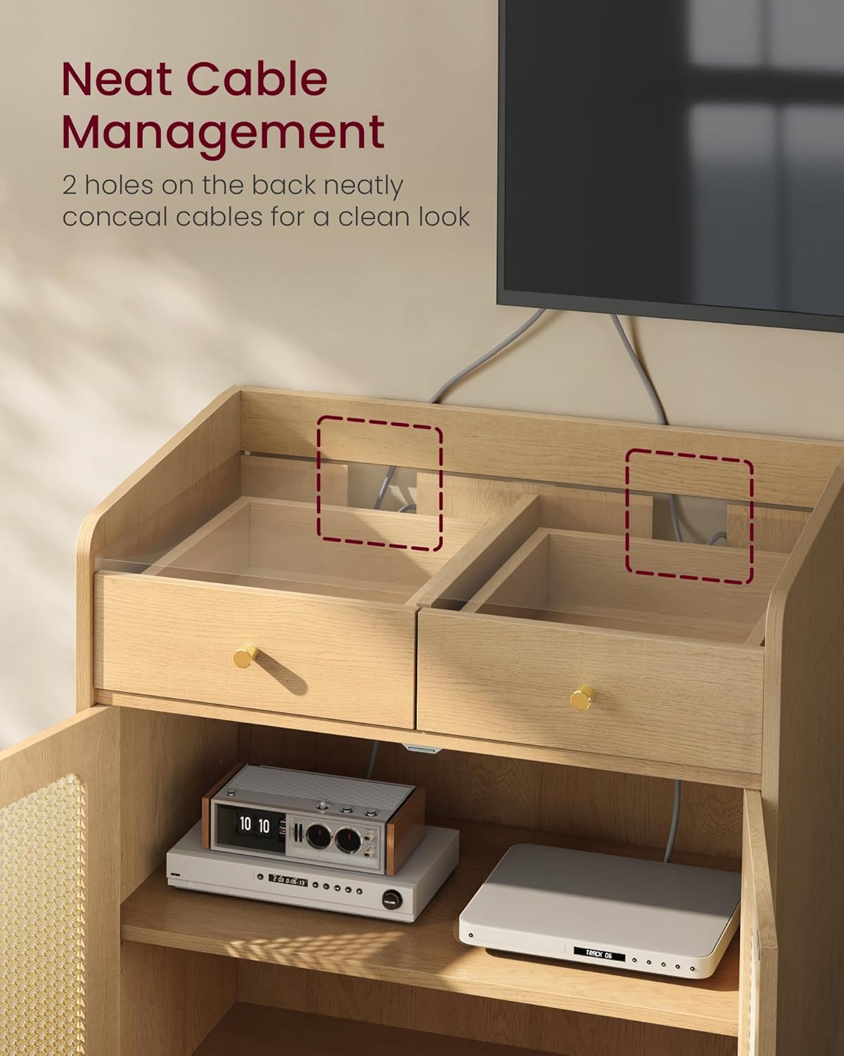 VASAGLE BOHOVEN Collection - Buffet Cabinets, Set of 2, Sideboard Storage Cabinets with Rattan-Like Doors and Drawers, Accent Cabinets, Adjustable Shelf, Boho Style, for Living Room, Oak Beige