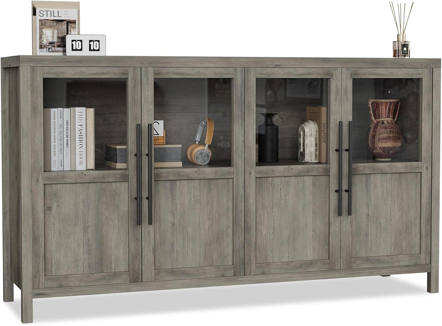 GarveeHome Sideboard Buffet Cabinet with 4 Glass Doors, 55" Buffet Table Coffee Bar Wine Bar Display Cabinet for Kitchen Dining Room, Living Room (Grey, Glass with 4 Doors)
