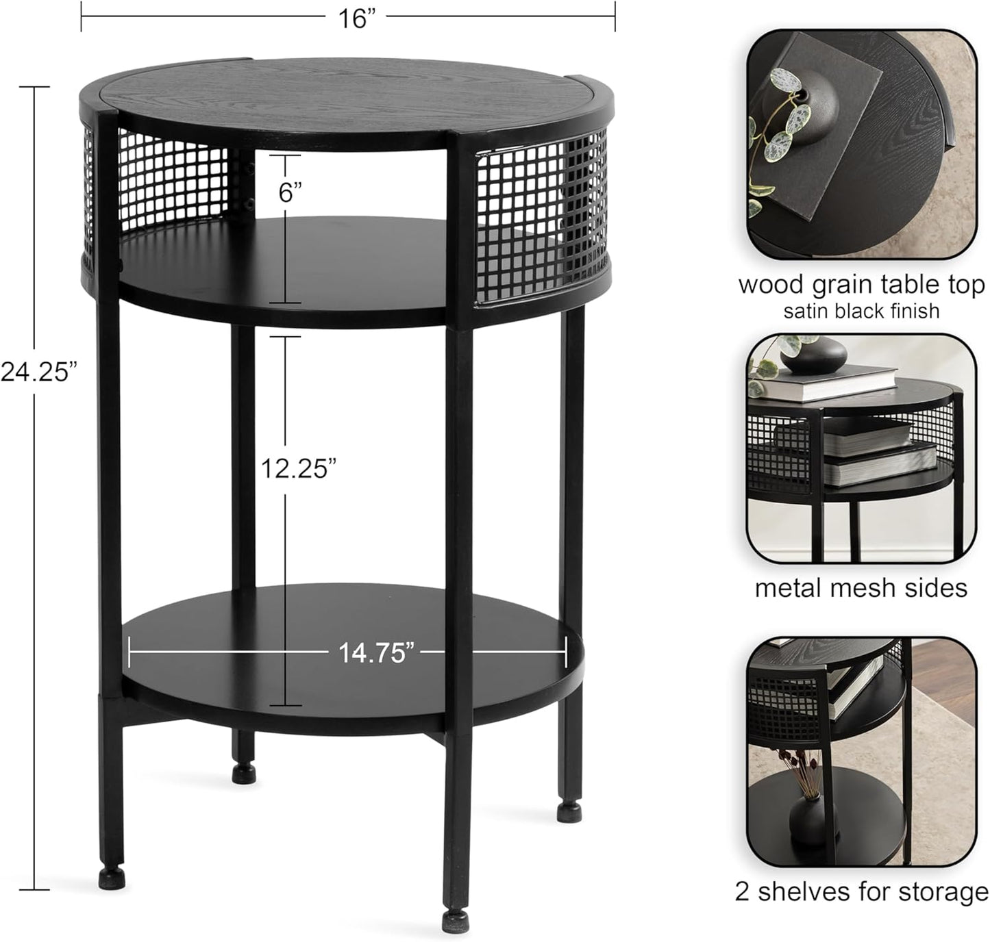 Kate and Laurel Urso Modern Tiered Round Side Table, 16 x 15 x 25, Black, Transitional Two-Tier Circle Living Room Table with Storage and Metal Mesh Construction