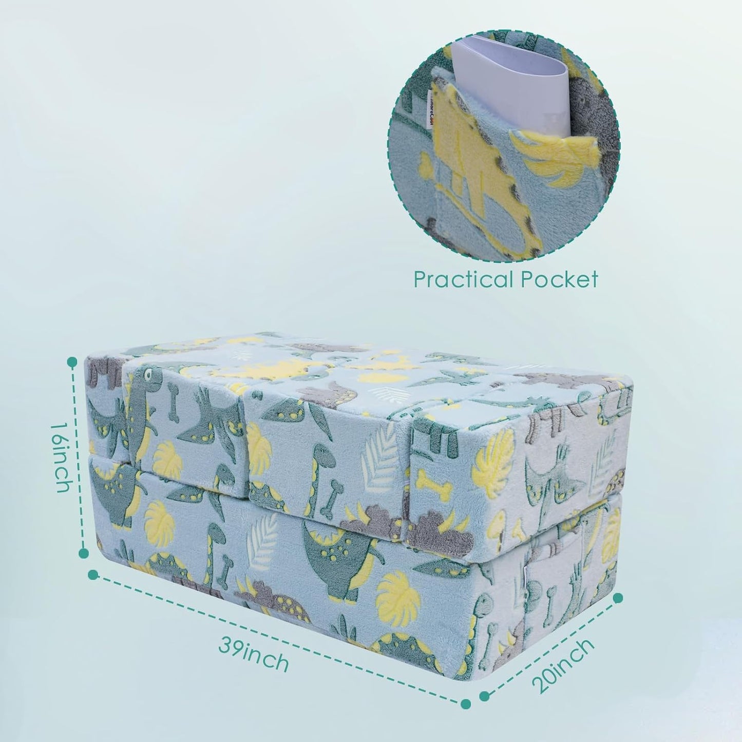 MeMoreCool Modular Kids Sofa,Toddler Play Couch Fold Out for Playroom, Dinosaur Glow in Dark Convertible Plush Foam Chair for Childrens