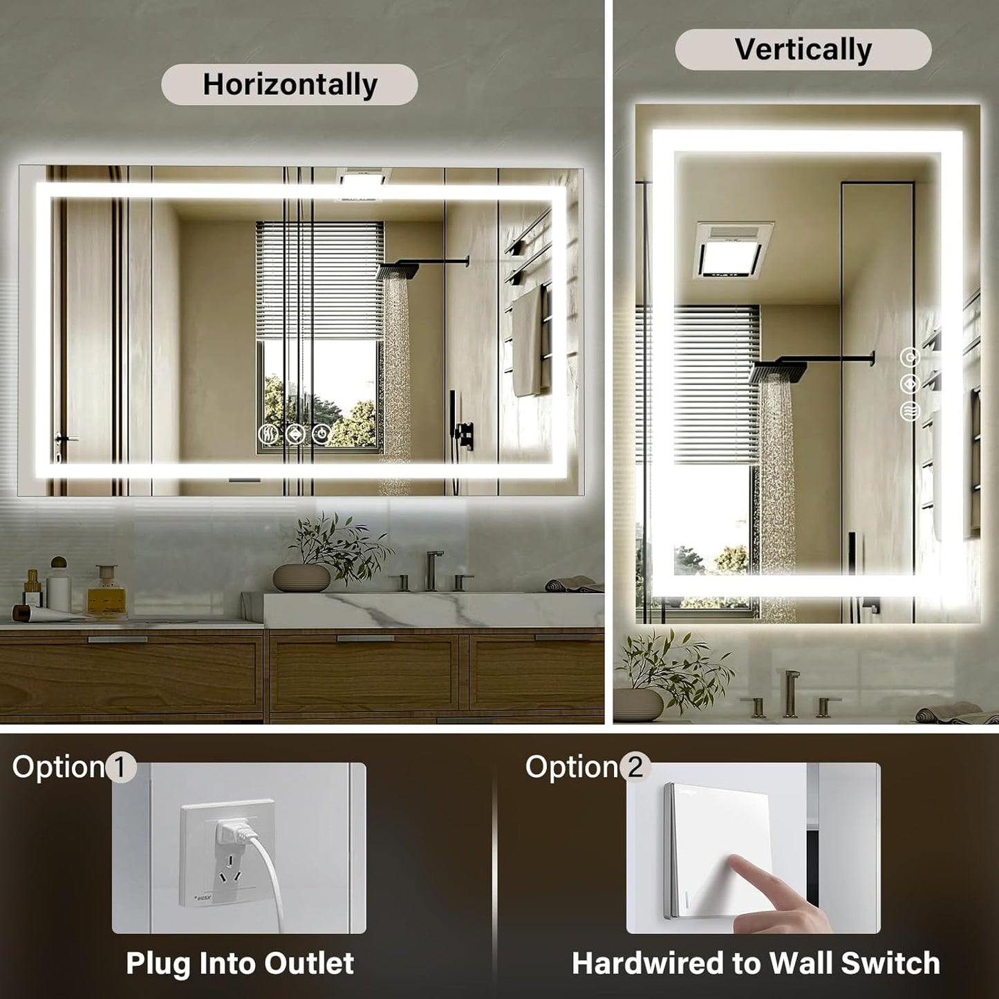 40"x 60"LED Bathroom Mirror, Backlit + Front Lit, LED Bathroom Mirror with Lights for Wall, 3 Colors, Anti-Fog, Dimmable Brightness, Memory Function, Tempered Glass