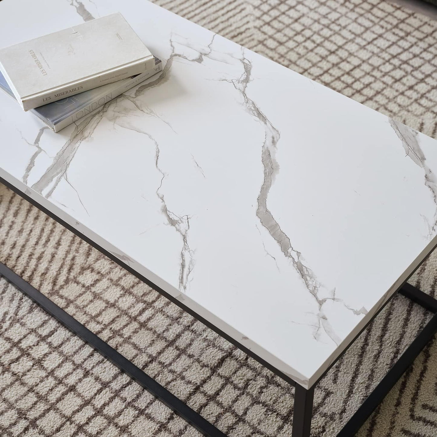 CENSI 40-Inch Marble Accent Coffee Table Ottoman for Living Room, Rectangle, Mid-Century Modern Industrial Style, Extra Thick Top, Wood and Metal (White Marble)