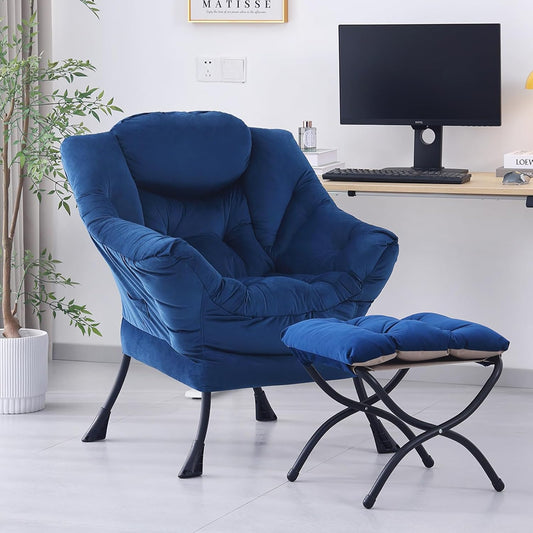 Lazy Chair with Ottoman, Modern Accent Chair Lounge Leisure Sofa Chair with Armrests, Reading Chair and Folding Footstool for Living Room, Bedroom, Office, Royal Blue