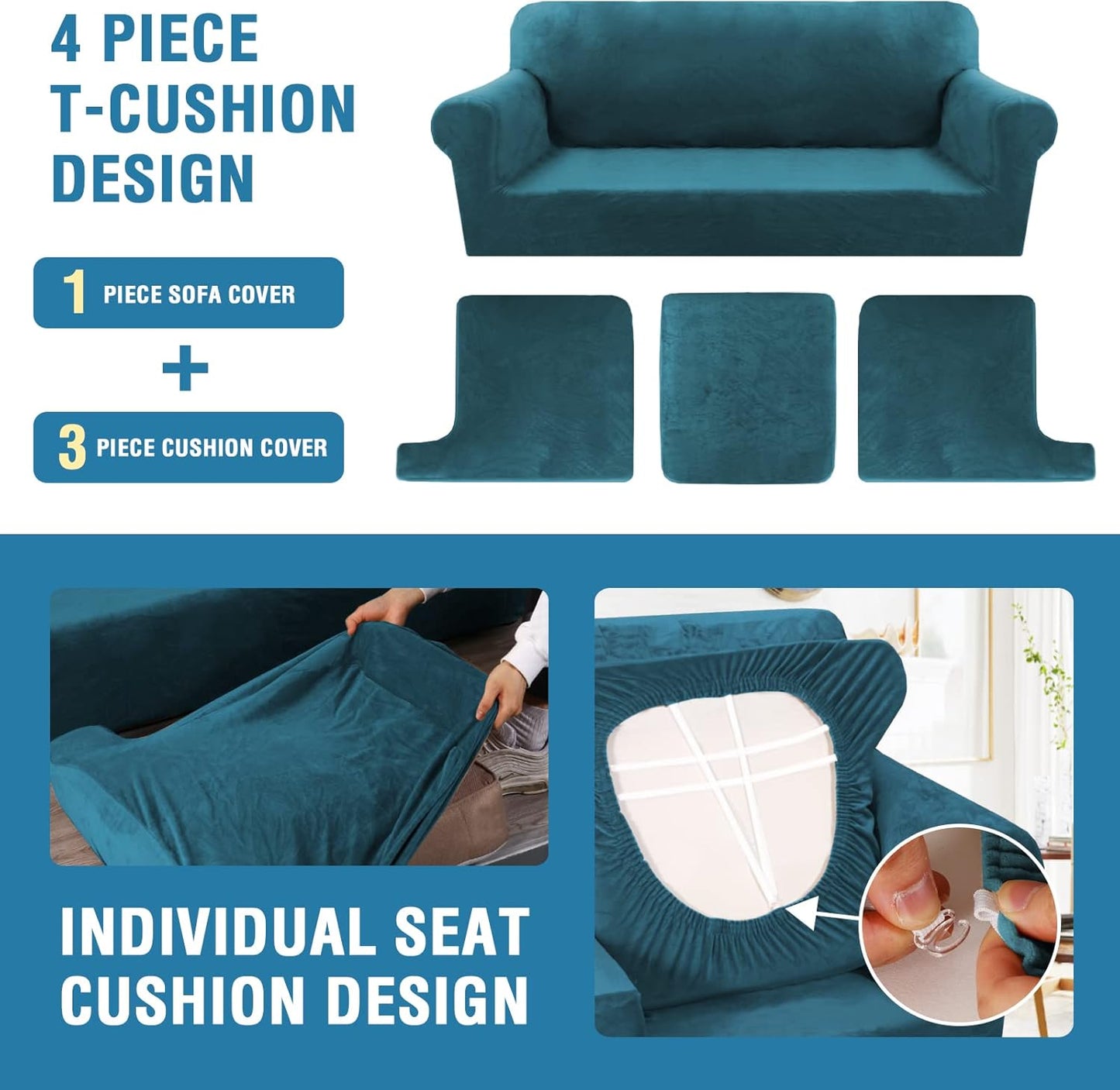 H.VERSAILTEX Sofa Slipcovers - 4 Piece Thick Velvet Couch Covers for 3 Cushion Couch with 3 Individual T Cushion Covers, Deep Teal