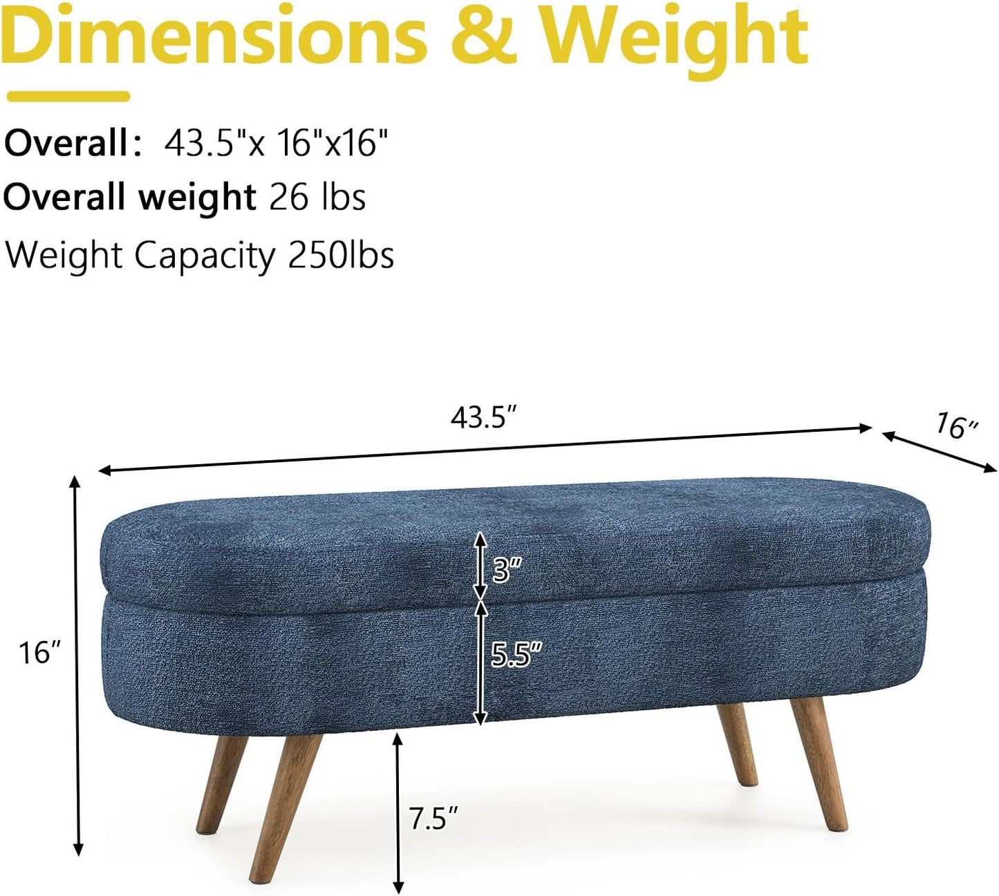 NicBex Ottoman Bench with Storage for Bedroom, 43.5" Upholstered End of Bed Bench with Rubber Wood Legs, Linen Storage Bench for Living Room or Entryway,