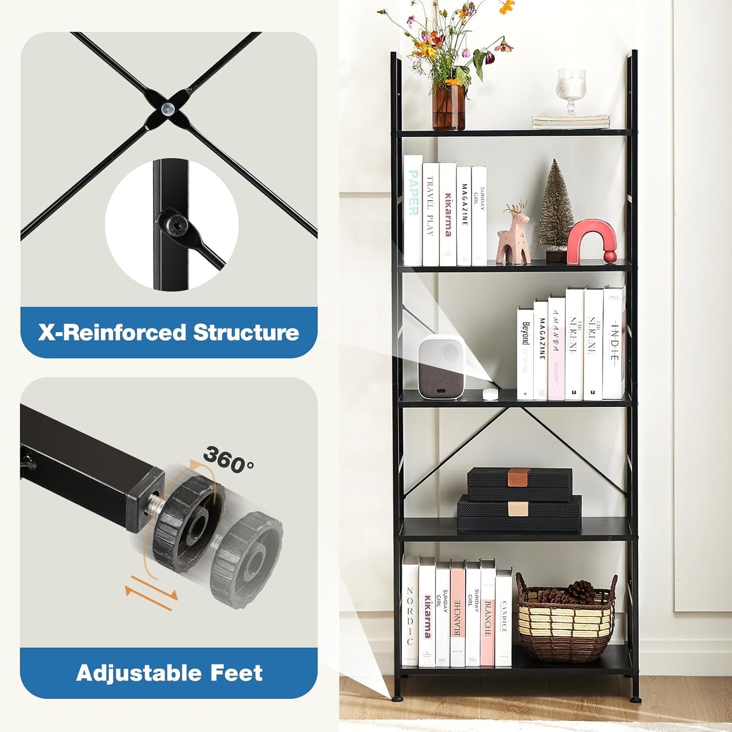 DUMOS 5 Tier Book Shelf Tall Modern Bookcase Set of 2 for Books, CDs, Movies, Storage and Organization Bookshelf Industrial Home Decor for Bedroom Office Kitchen Living Room, Black