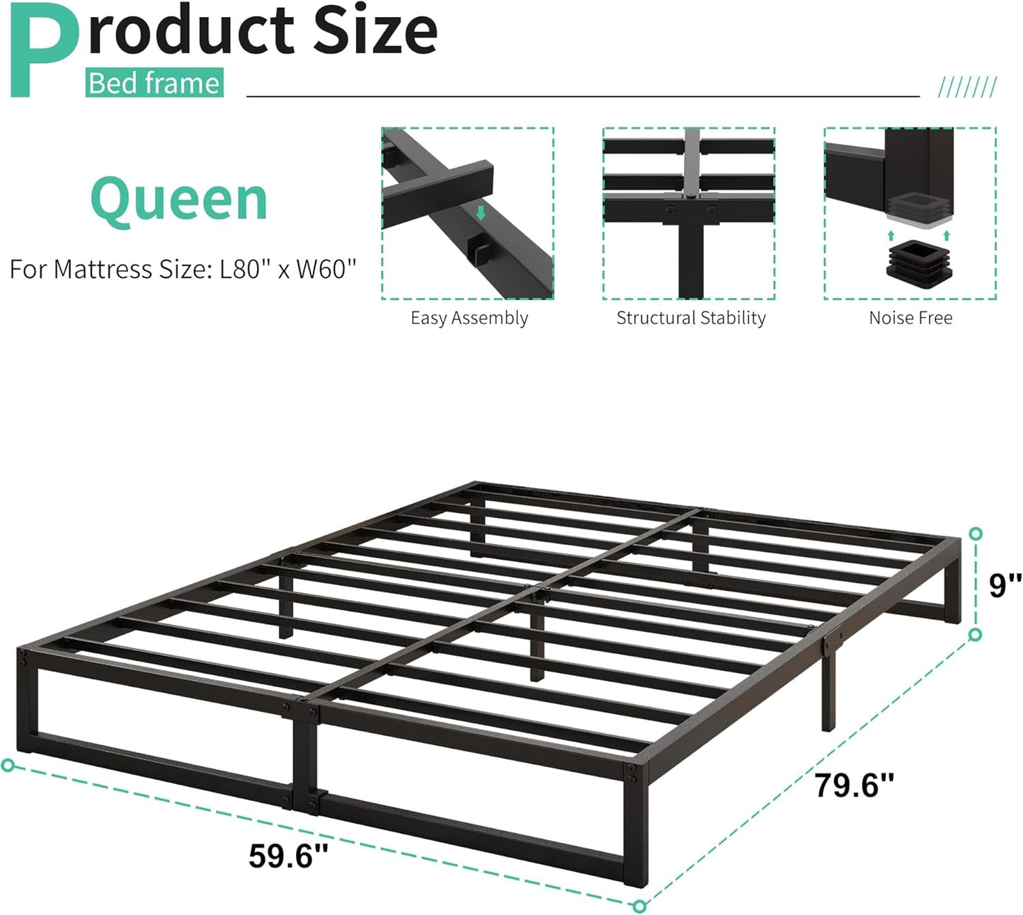 9 Inch Queen Size Bed Frame Heavy Duty Steel Slat Support Metal Platform Queen Bed Frame No Box Spring Needed, Easy Assembly, Black