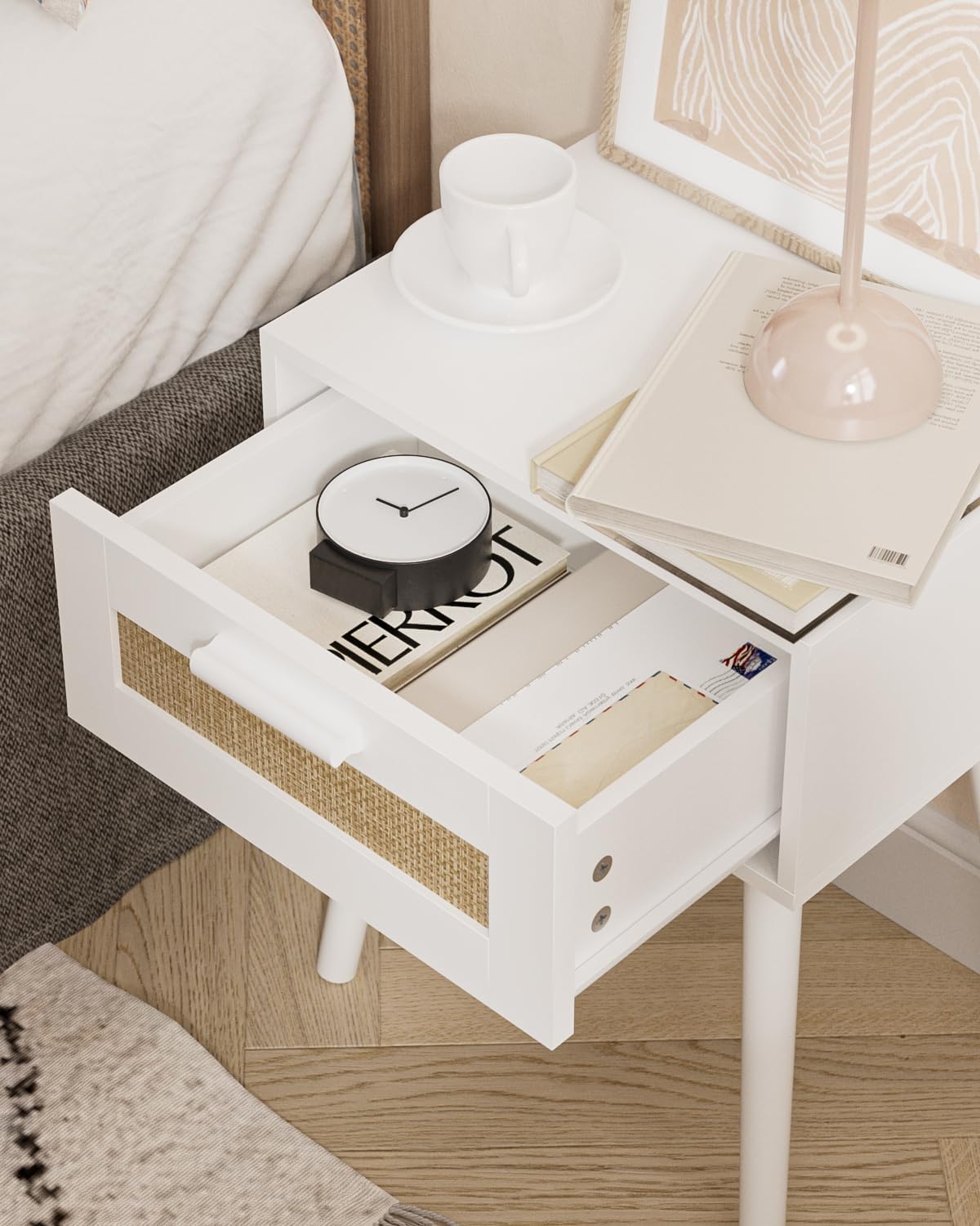 Bedroom Nightstands Wooden Night Stands with Rattan Weaving Drawer Home Bedside End Table for Bedroom Storage (Bohemian-White)