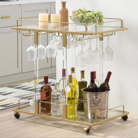 Bar Cart for Home Bar Chrome Serving Cart with Wine Rack 2-Tier Acrylic Rolling Bar Carts on Wheels Clear Dessert Cart Lucite Bar Stand Glass Liquor Cart for Living Room Kitchen Club Gold
