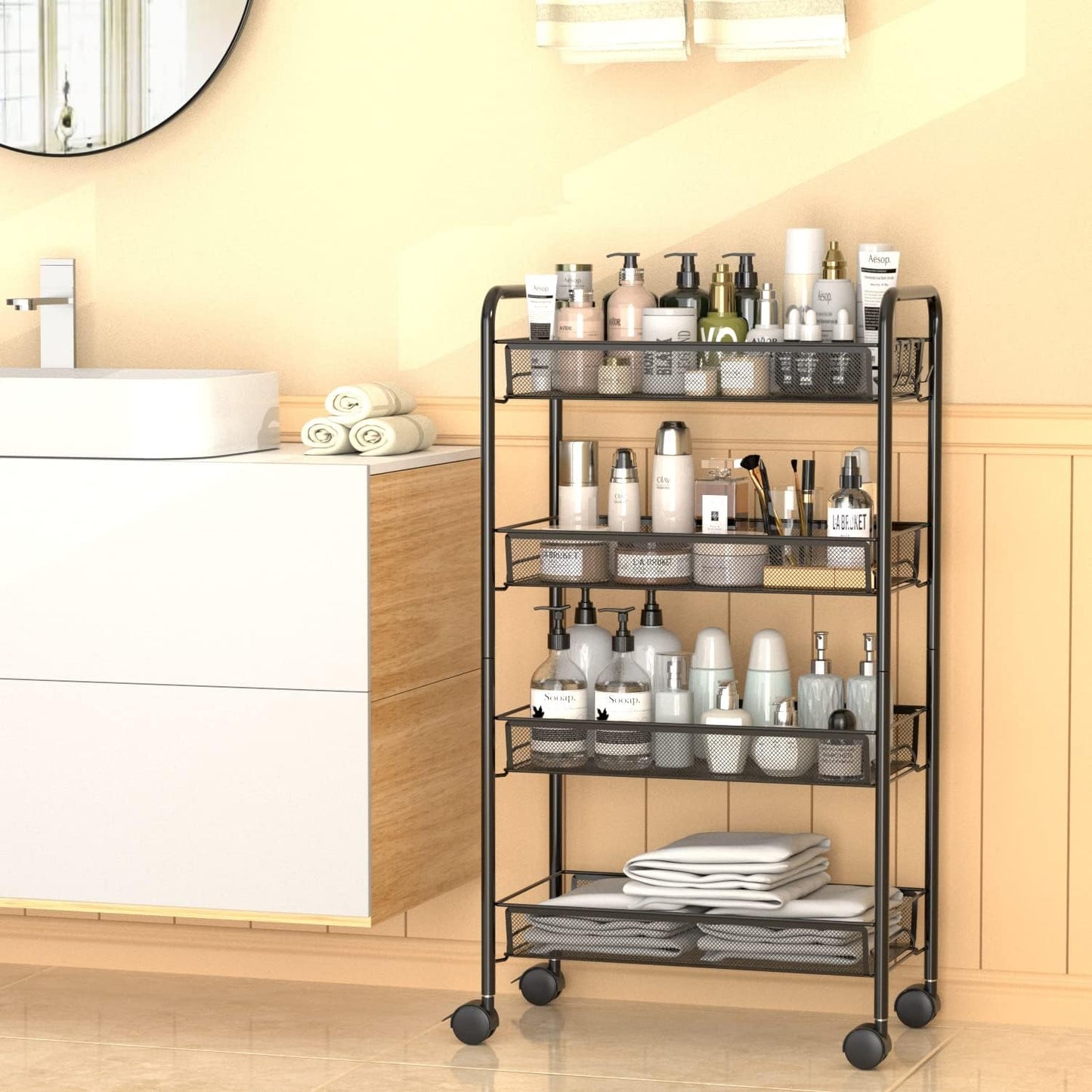 OVICAR 4 Tier Mesh Wire Rolling Cart, Kitchen Storage Organizer Utility Cart, Full Metal Basket Storage Art Trolley Carts with Wheels & 4 Side Hooks