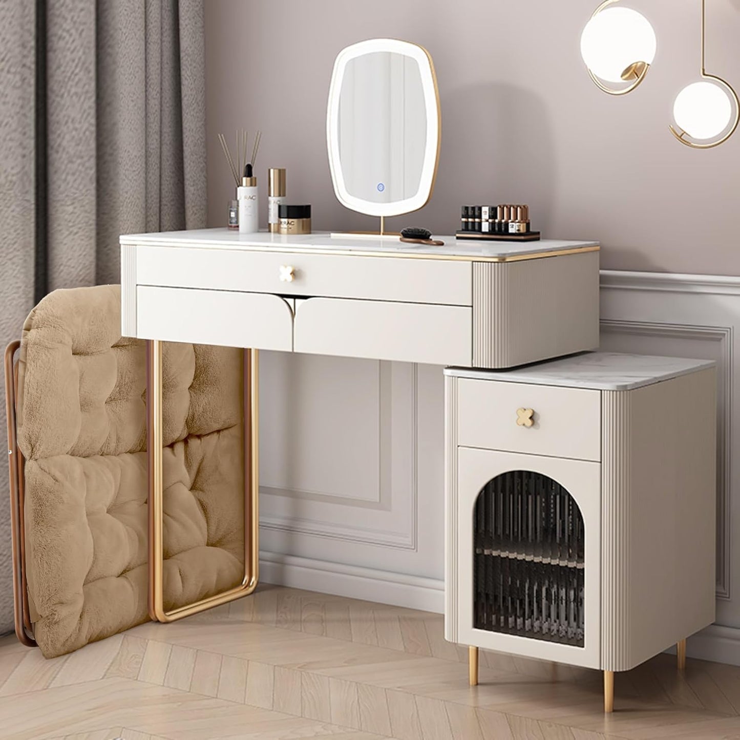 Comfy Saucer Chair for Adults, Foldable Living Room Chairs, Soft Faux Fur Lounge Chair for Bedroom, Reading Chairs, X-Large (Ottoman-Beige)