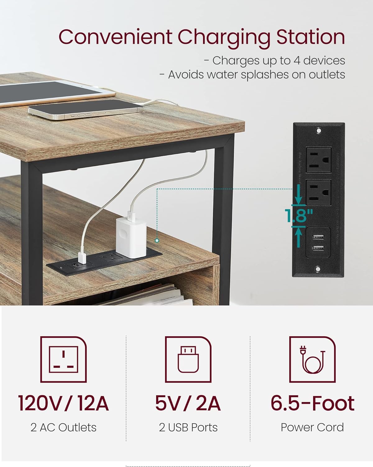 VASAGLE Side Table with Charging Station, Narrow End Table with 2 Drawers, Slim Nightstand and Bedside Table with Storage, for Small Spaces, Oak with Blue Grains and Black ULET321B60