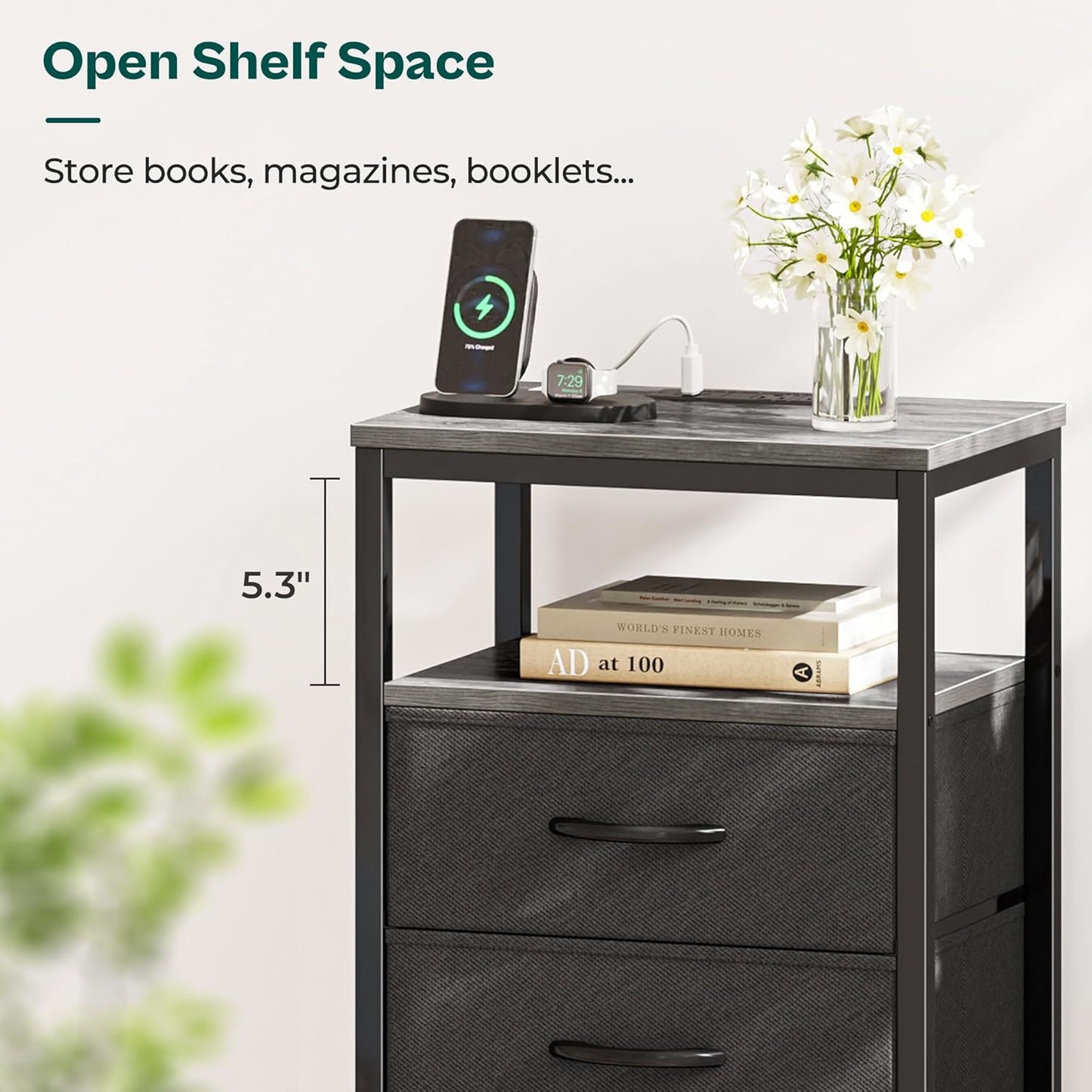 Huuger Nightstands Set of 2, 27.6 Inch End Tables with Charging Station, Fabric Drawers, Bedside Tables with USB Port and Outlet, Night Stands for Bedroom, Charcoal Gray