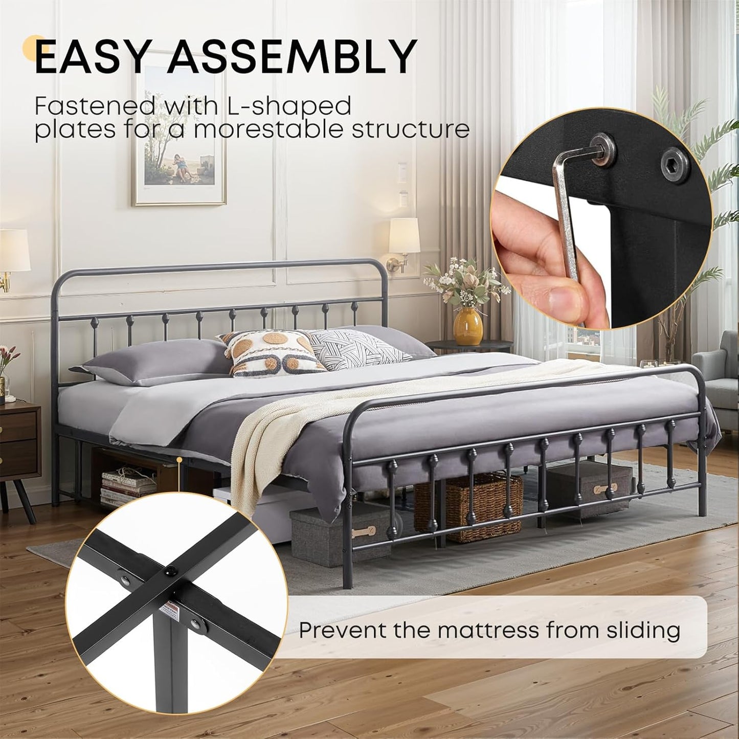 Full Size Bed Frame-Classic Metal Platform Bed Frame Mattress Foundation with Victorian Style Iron-Art Headboard/Footboard/Storage Space/No Box Spring Needed/Black