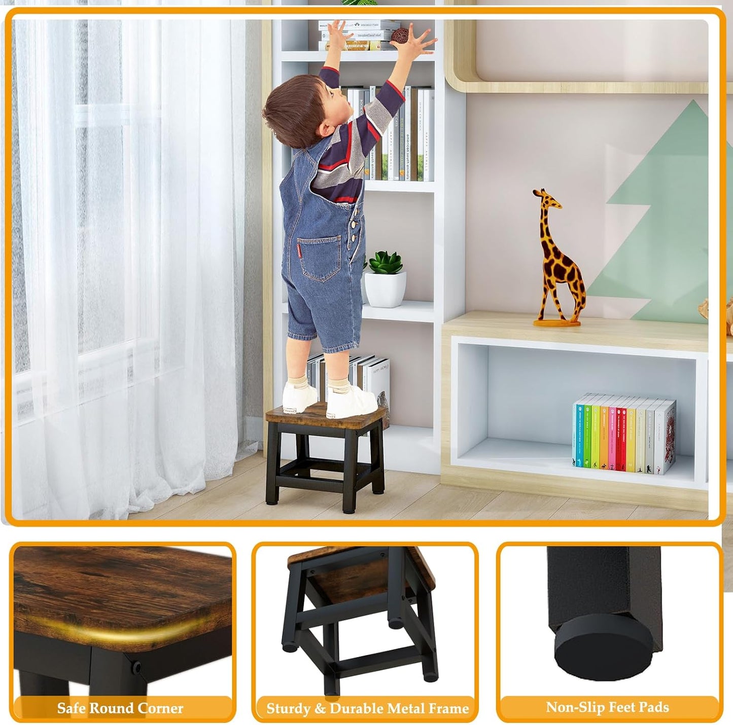 IBUYKE Small Step Stool for Adults Kids, Wooden Bedside Step Stool for High Beds, Non-Slip Stepping Foot Stool with 330 Lbs Capacity for Bedroom Livingroom Bathroom Kitchen, Rustic Brown TBD003H