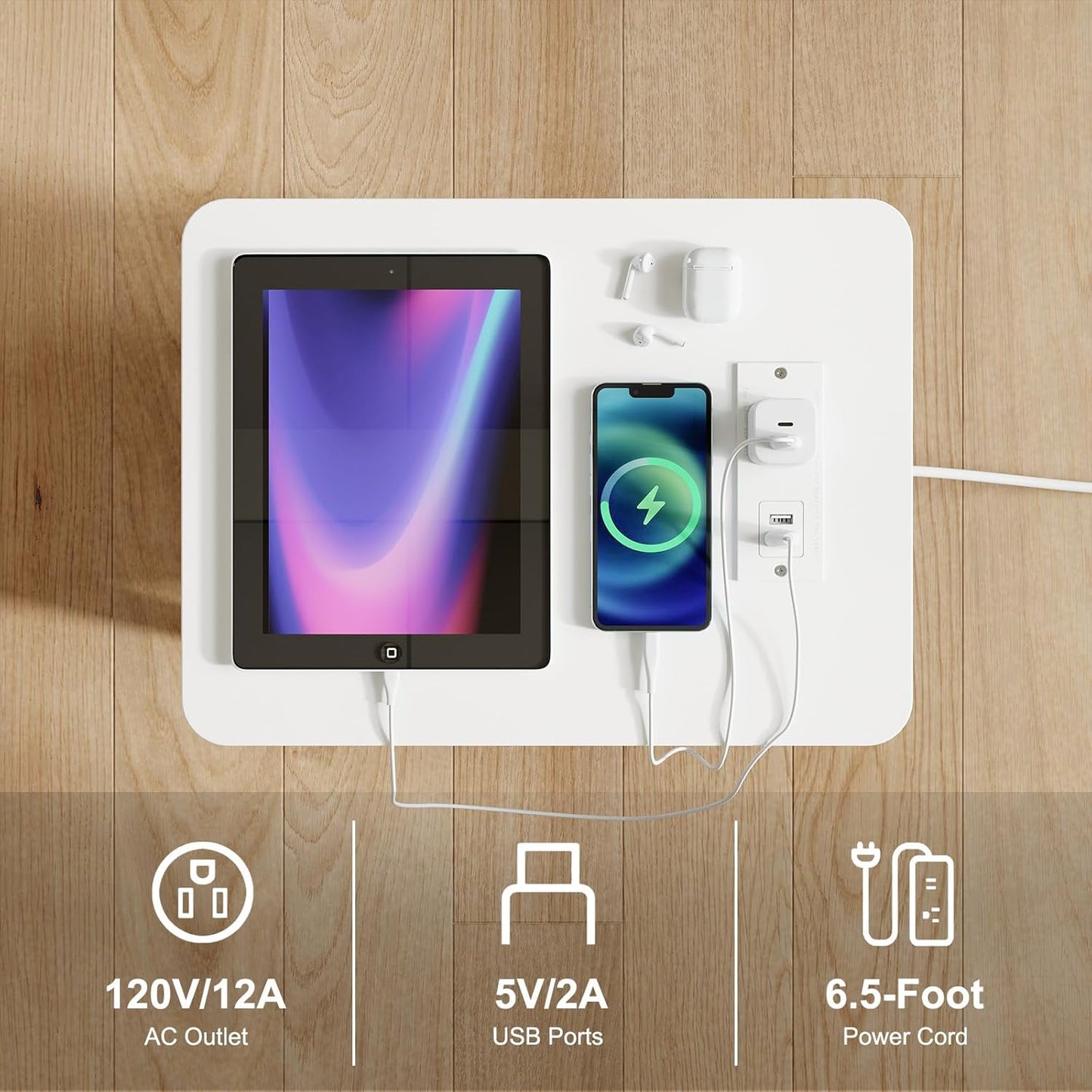 Apicizon 2 Tier End Table, Small Side Table with Charging Station, Boho Bedside Table with USB Ports and Outlets, Nightstand for Small Spaces, Bedroom, Living Room, Entryway, Easy Assembly, White