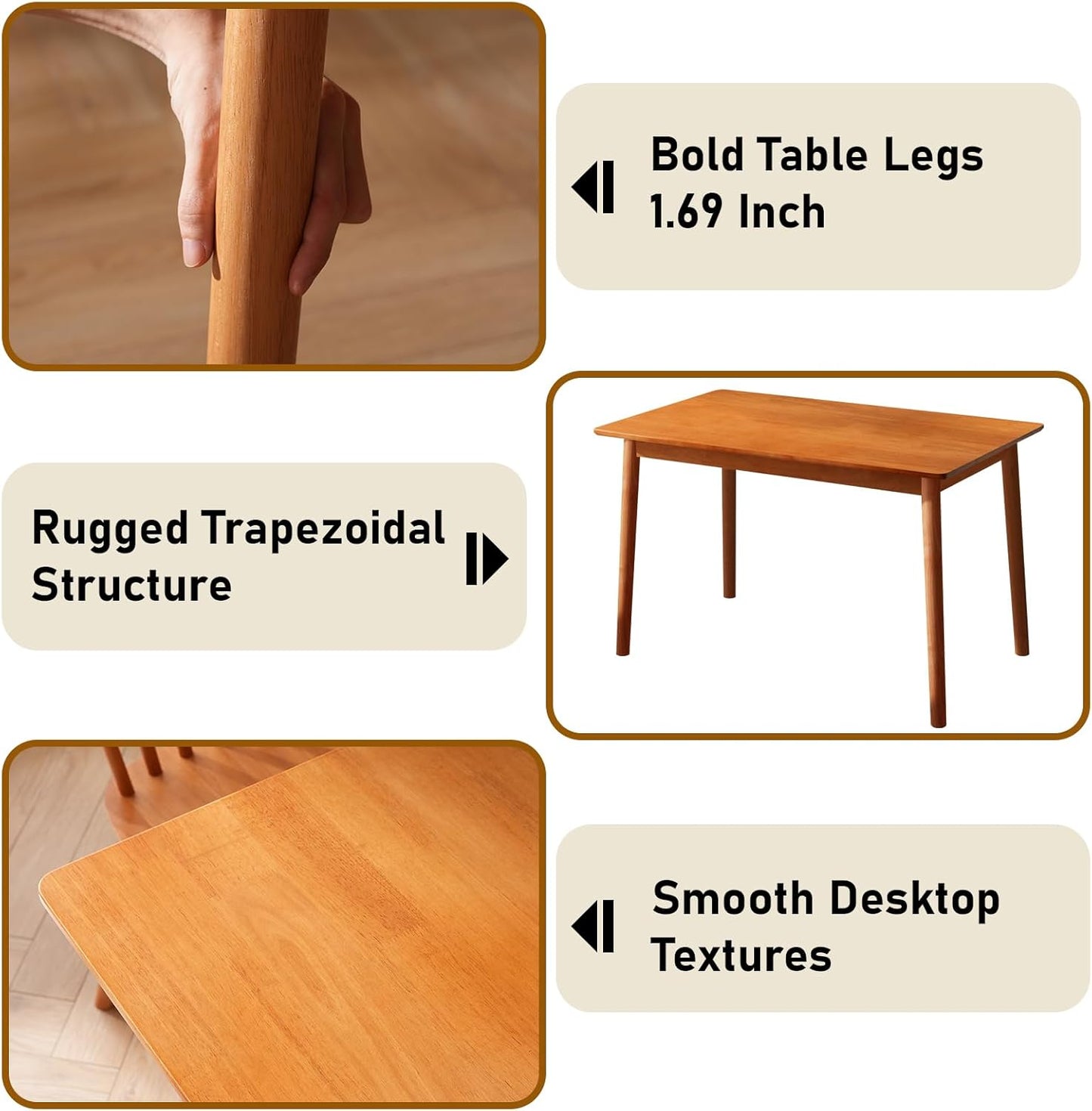 BAKEVE Dining Table for 4-6 Person- 47.2'' Solid Wood Kitchen Table, Mid Century Modern Desk, Farmhouse Rectangular Dining Room Table for Living Room, Office, Kitchen and Study (Cherry)